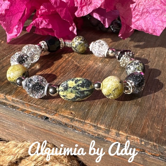 black tourmaline & yellow Turquoise beaded bracelet/ chunky - Picture 1 of 8